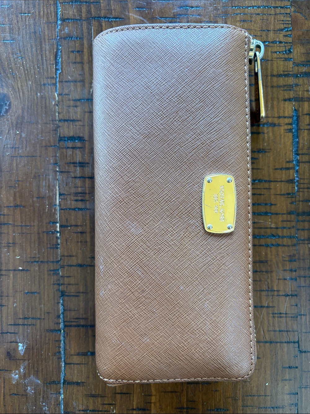 Michael Kors Cognac Saffiano Zip Wallet with Gold Plaque